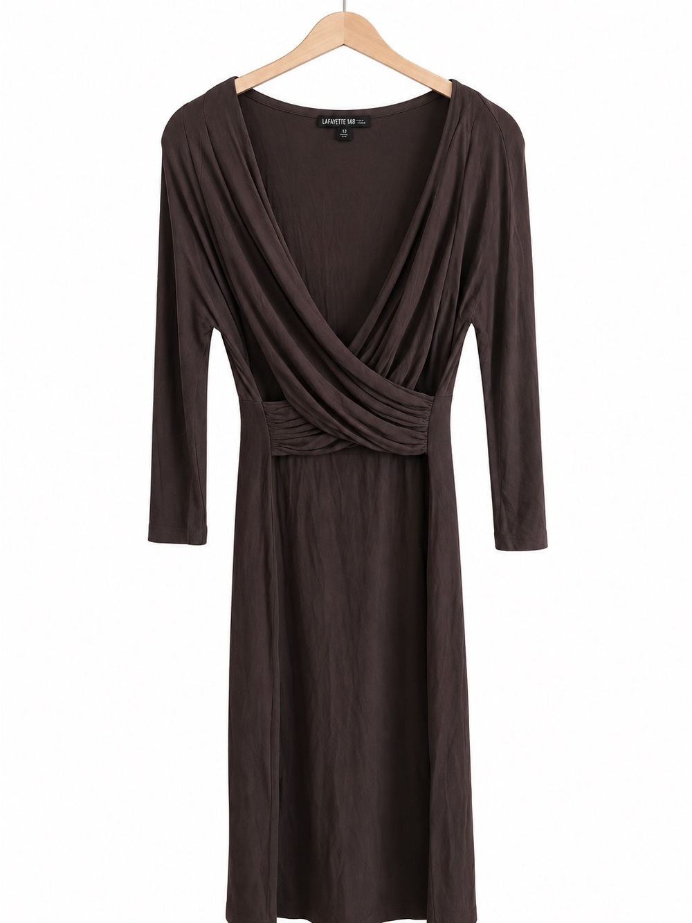 Lafayette 148 New York Brown Wrap-Style Long Sleeve Midi Dress Women's Size 12